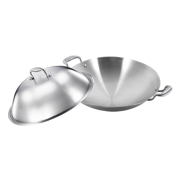 SOGA 3-Ply 38cm Stainless Steel Double Handle Wok Frying Fry Pan Skillet with Lid