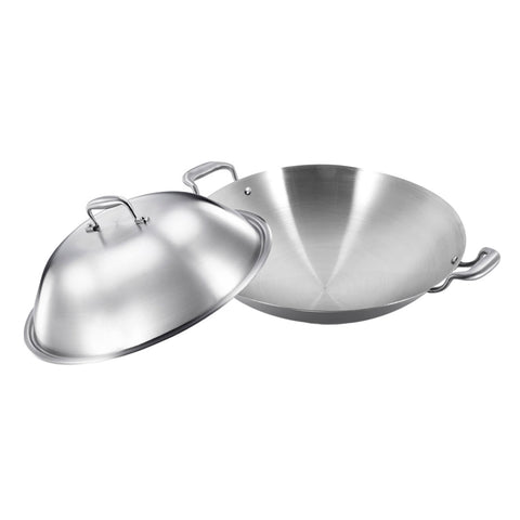 SOGA 3-Ply 38cm Stainless Steel Double Handle Wok Frying Fry Pan Skillet with Lid