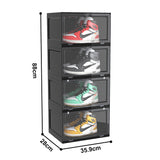 SOGA 4 Tier Black Portable Shoe Organiser Sneaker Footwear Folding Plastic Bin Stackable Storage Box with Magnetic Door