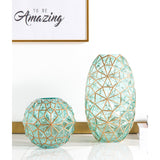 SOGA Green Colored Diamond Cut Glass Flower Vase Round Jar Home Decor with Gold Accent Large and Medium Set