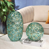 SOGA Green Colored Diamond Cut Glass Flower Vase Round Jar Home Decor with Gold Accent Large and Medium Set