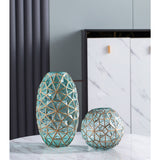 SOGA Green Colored Diamond Cut Glass Flower Vase Round Jar Home Decor with Gold Accent Large and Medium Set