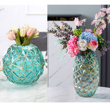 SOGA Green Colored Diamond Cut Glass Flower Vase Round Jar Home Decor with Gold Accent Large and Medium Set