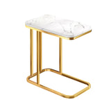 SOGA 30x50cm White Stone-Patterned Square Side Table – Mini Sofa Table with Gold Metal Legs