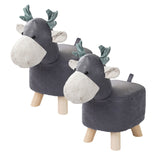 SOGA 2X Grey Children Bench Deer Character Round Ottoman Stool Soft Small Comfy Seat Home Decor