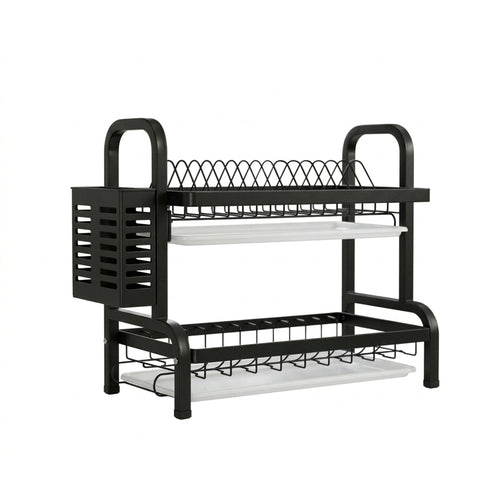 SOGA 2 Tier Steel Black Kitchen Countertop Drying Dish Rack Plate Cutlery Cutting Board Holder Dish Drainer Kitchen Organiser