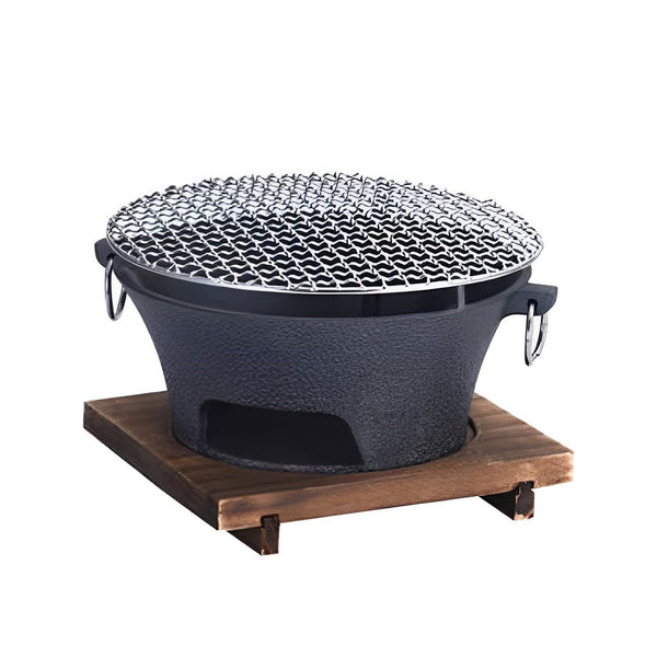 SOGA Small Cast Iron Round Stove Charcoal Table Net Grill Japanese Style BBQ Picnic Camping with Wooden Board