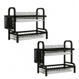 SOGA 2X 2 Tier Steel Black Kitchen Countertop Drying Dish Rack Plate Cutlery Cutting Board Holder Dish Drainer Kitchen Organiser