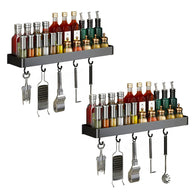 SOGA 2X 52cm Black Wall-Mounted Rectangular Kitchen Spice Storage Organiser Space Saving Condiments Shelf Rack with Hooks