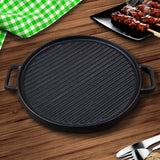 SOGA 2X 30cm Round Cast Iron Ribbed BBQ Pan Skillet Steak Sizzle Platter with Handle