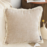 SOGA 2X 45cm Throw Pillow Latte Color Chenille Textured with Tassels Stylish Square Cozy Home Decor