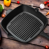 SOGA 26cm Square Ribbed Cast Iron Frying Pan Skillet Steak Sizzle Platter with Handle