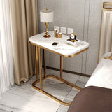 SOGA 30x50cm White Stone-Patterned Square Side Table – Mini Sofa Table with Gold Metal Legs