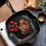 SOGA 26cm Square Ribbed Cast Iron Frying Pan Skillet Steak Sizzle Platter with Handle