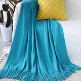 SOGA Blue Acrylic Knitted Throw Blanket Solid Fringed Warm Cozy Woven Cover Couch Bed Sofa Home Decor