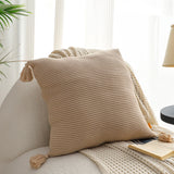 SOGA 2X 45cm Khaki Wabi-Sabi Raised Pillow Cotton Striped Large Tassel Square Pillow Throw Pillow