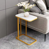 SOGA 30x50cm White Stone-Patterned Square Side Table – Mini Sofa Table with Gold Metal Legs