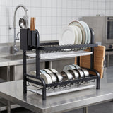 SOGA 2 Tier Steel Black Kitchen Countertop Drying Dish Rack Plate Cutlery Cutting Board Holder Dish Drainer Kitchen Organiser