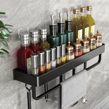 SOGA 2X 52cm Black Wall-Mounted Rectangular Kitchen Spice Storage Organiser Space Saving Condiments Shelf Rack with Hooks