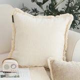 SOGA 2X 45cm Throw Pillow White Chenille Textured with Tassels Stylish Square Cozy Home Decor