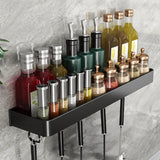 SOGA 2X 52cm Black Wall-Mounted Rectangular Kitchen Spice Storage Organiser Space Saving Condiments Shelf Rack with Hooks