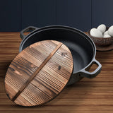 SOGA 29cm Round Cast Iron Pre-seasoned Deep Baking Pizza Frying Pan Skillet with Wooden Lid