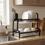 SOGA 2X 2 Tier Steel Black Kitchen Countertop Drying Dish Rack Plate Cutlery Cutting Board Holder Dish Drainer Kitchen Organiser