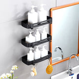 SOGA Black Wall-Mounted Rectangular Bathroom Storage Organiser Space Saving Adhesive Shelf Rack with Hooks