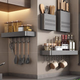 SOGA 32cm Black Wall-Mounted Rectangular Kitchen Spice Storage Organiser Space Saving Condiments Shelf Rack with Hooks