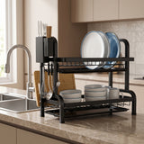 SOGA 2X 2 Tier Steel Black Kitchen Countertop Drying Dish Rack Plate Cutlery Cutting Board Holder Dish Drainer Kitchen Organiser