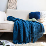 SOGA Royal Blue Diamond Pattern Knitted Throw Blanket Warm Cozy Woven Cover Couch Bed Sofa Home Decor with Tassels