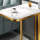 SOGA 30x50cm White Stone-Patterned Square Side Table – Mini Sofa Table with Gold Metal Legs
