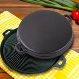 SOGA 2X 35cm Round Ribbed Cast Iron Frying Pan Skillet Steak Sizzle Platter with Handle