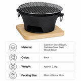 SOGA 2X Medium Cast Iron Round Stove Charcoal Table Net Grill Japanese Style BBQ Picnic Camping with Wooden Board