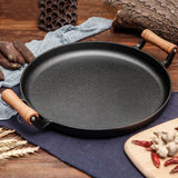 SOGA 2X 35cm Cast Iron Frying Pan Skillet Steak Sizzle Fry Platter With Wooden Handle No Lid