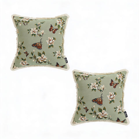 SOGA 2X 45cm Matcha Green French Vintage Butterfly Loves Flowers Tassel Throw pillow