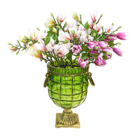 SOGA Green Glass Flower Vase with 6 Bunch 4 Heads Artificial Fake Silk Magnolia denudata Home Decor Set