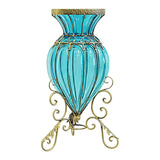 SOGA Blue Colored European Glass Floor Home Decor Flower Vase with Metal Stand