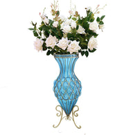 SOGA 67cm Blue Glass Tall Floor Vase and 12pcs White Artificial Fake Flower Set