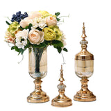 SOGA 2 x Clear Glass Flower Vase with Lid and White Flower Filler Vase Gold Set