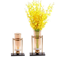 SOGA 40cm Transparent Glass Flower Vase w/ Yellow Flower and 32cm w/ Candle Set