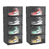 SOGA 2X 4 Tier Black Portable Shoe Organiser Sneaker Footwear Folding Plastic Bin Stackable Storage Box with Magnetic Door