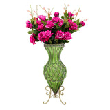 SOGA 67cm Green Glass Tall Floor Vase and 12pcs Dark Pink Artificial Fake Flower Set