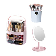 SOGA 3 Tier Pink Countertop Cosmetic Makeup Brush Lipstick Holder Organiser and 20cm Rechargeable LED Light Tabletop Mirror Set