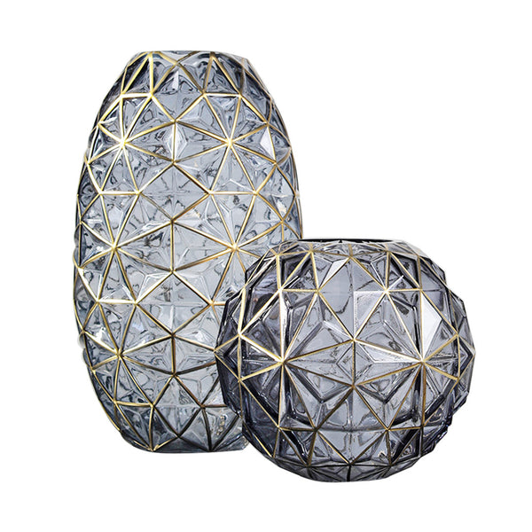 SOGA Grey Colored Diamond Cut Glass Flower Vase Round Jar Home Decor with Gold Accent Large and Medium Set
