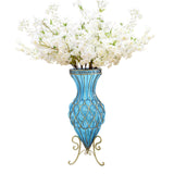 SOGA 67cm Blue Glass Tall Floor Vase with 10pcs White Artificial Fake Flower Set