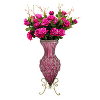 SOGA 67cm Purple Glass Tall Floor Vase and 12pcs Dark Pink Artificial Fake Flower Set