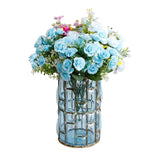 SOGA Blue Colored European Glass Cylinder Flower Vase with Gold Metal Pattern