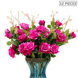 SOGA 12pcs Artificial Silk Flower Fake Rose Bouquet Table Decor Dark Pink