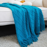 SOGA Blue Diamond Pattern Knitted Throw Blanket Warm Cozy Woven Cover Couch Bed Sofa Home Decor with Tassels